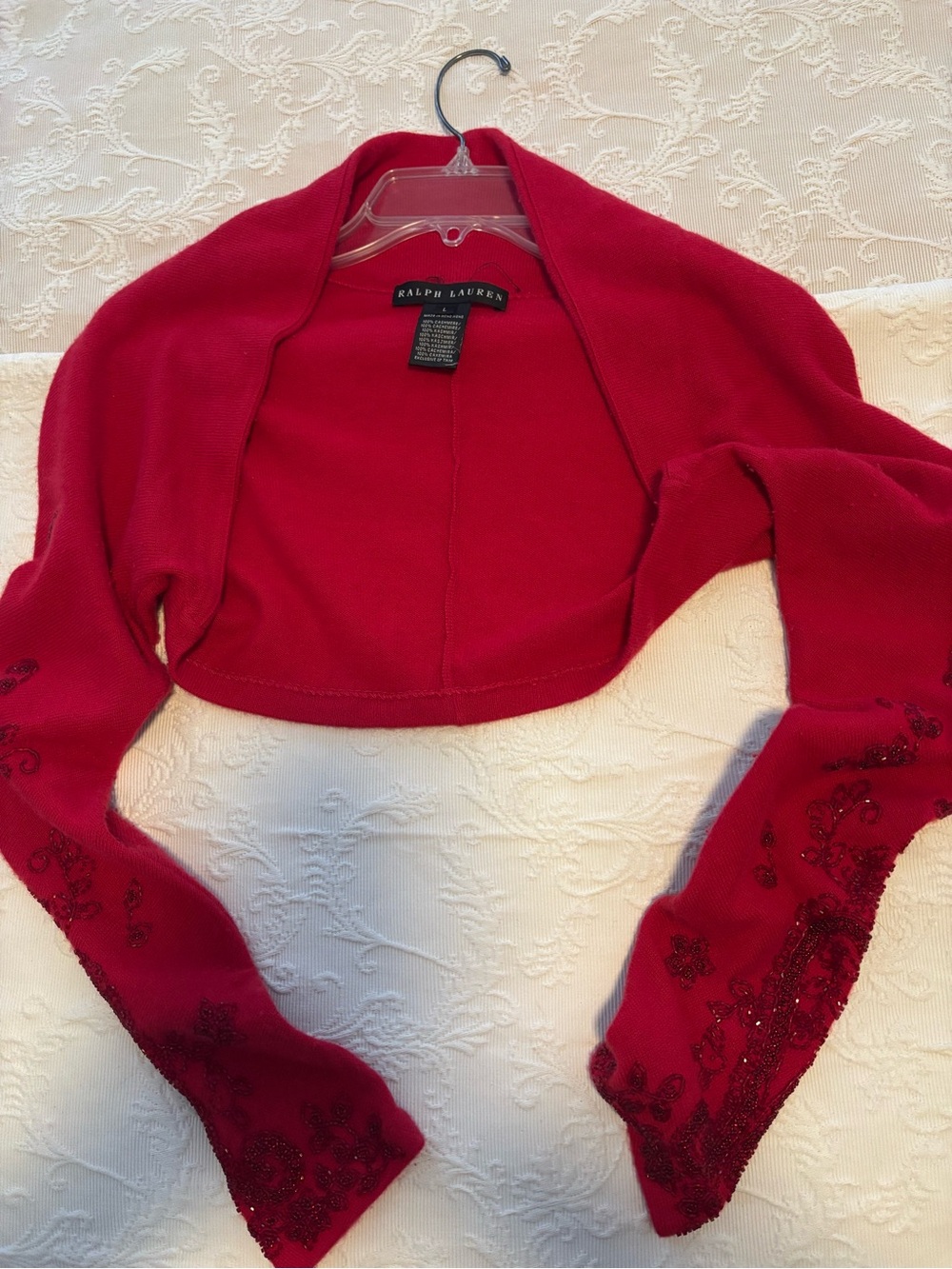 Ralph Lauren Cashmere Red Beaded Cropped Bolero Shrug